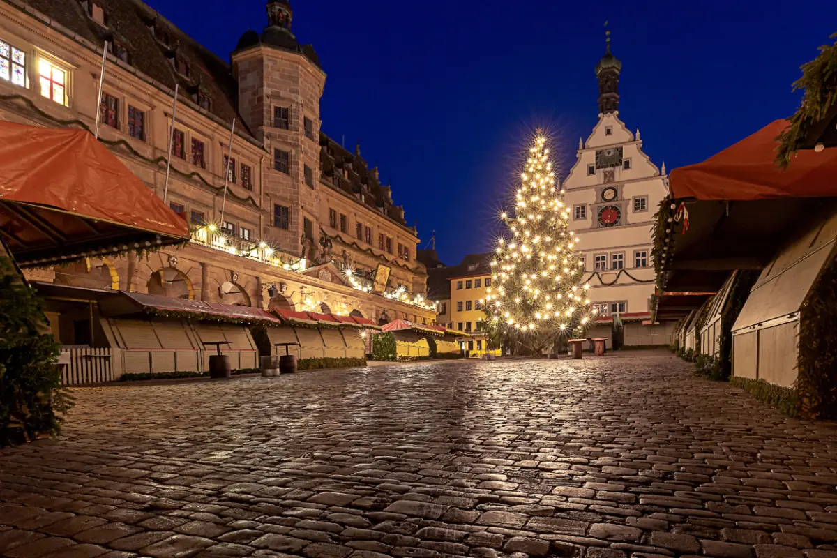 Rothenburg ob der Tauber Christmas Market in a fairy-tale medieval town setting with festive lights.