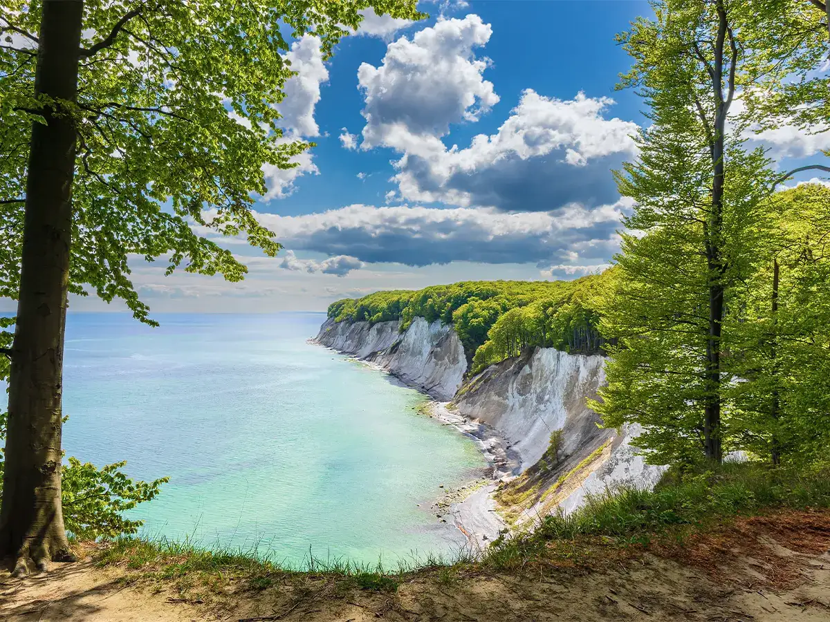 View of the Chalk Cliffs at Jasmund National Park, Germany, with green trees, turquoise water, and a partly cloudy sky.