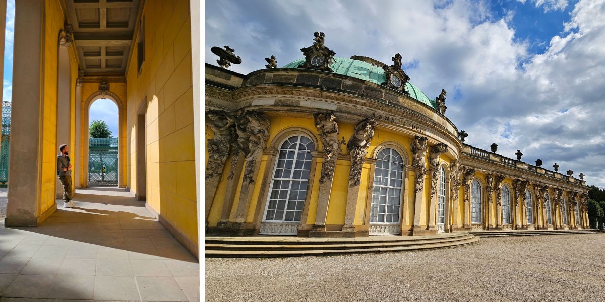 Sanssouci Palace, Germany Sanssouci Palace, Germany: yellow building and grey stone path