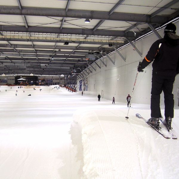 Indoor snow dome with skiers