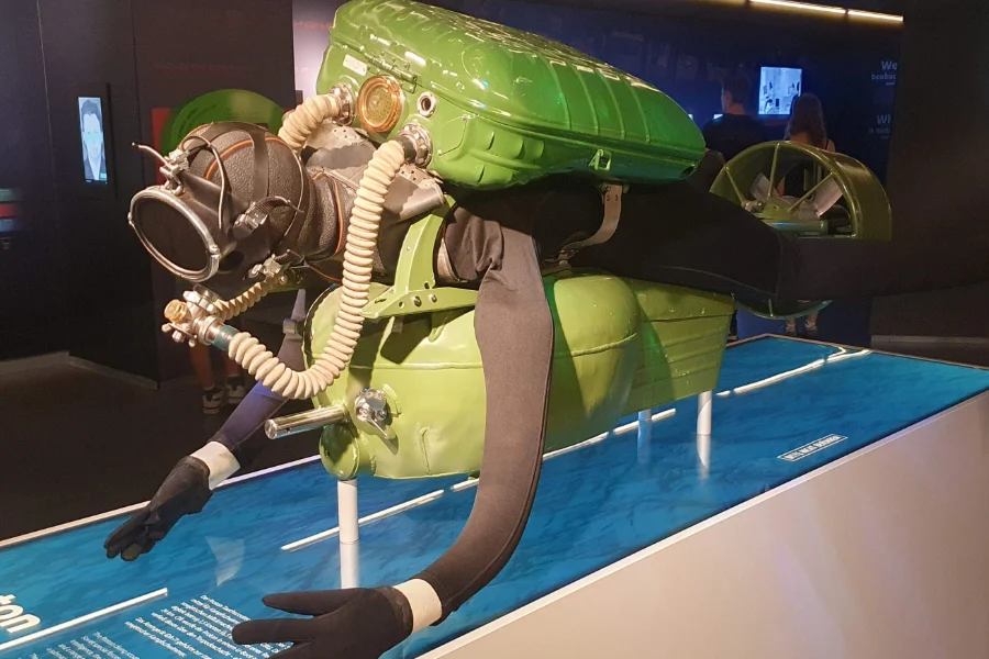 Green combat diver suit and breathing equipment on display at the German Spy Museum in Berlin