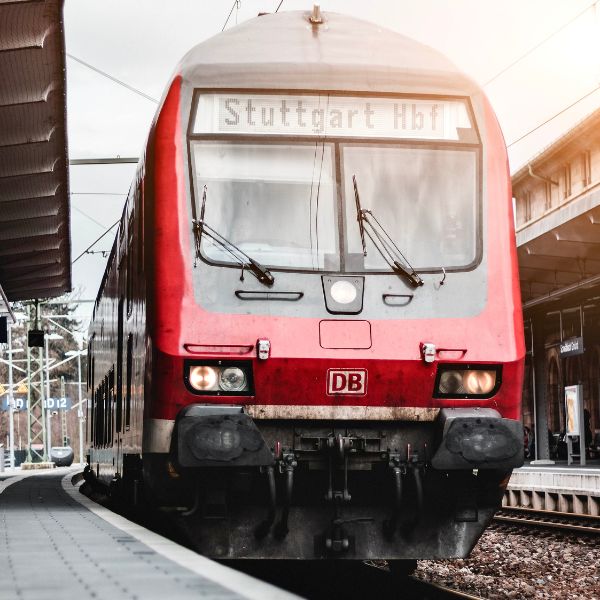 Red and white train at station in Stuttgart