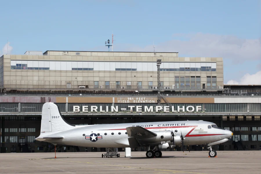 US Air Force transport plane parked in front of the Berlin-Tempelhof airport terminal