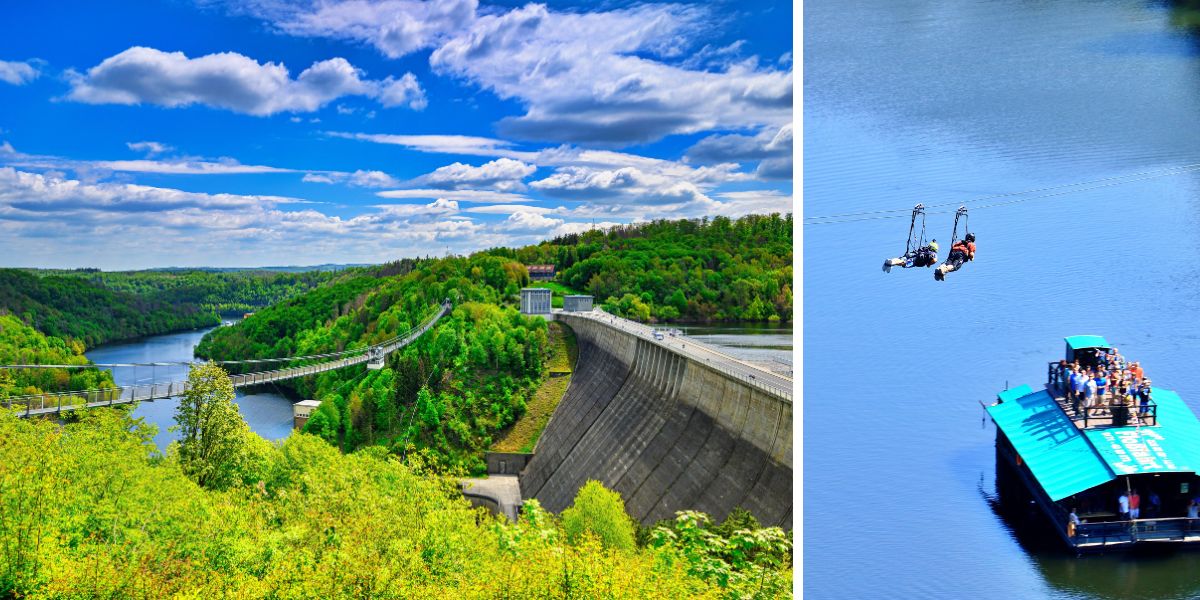 Titan Bridge and Zip Line suspension bridge by dam and people zip lining over water