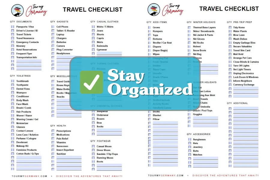 Travel checklist with categories for documents, clothing, toiletries, health, kids, prep, holidays, and accessories. Center text reads "Stay Organized" with a checkmark icon.
