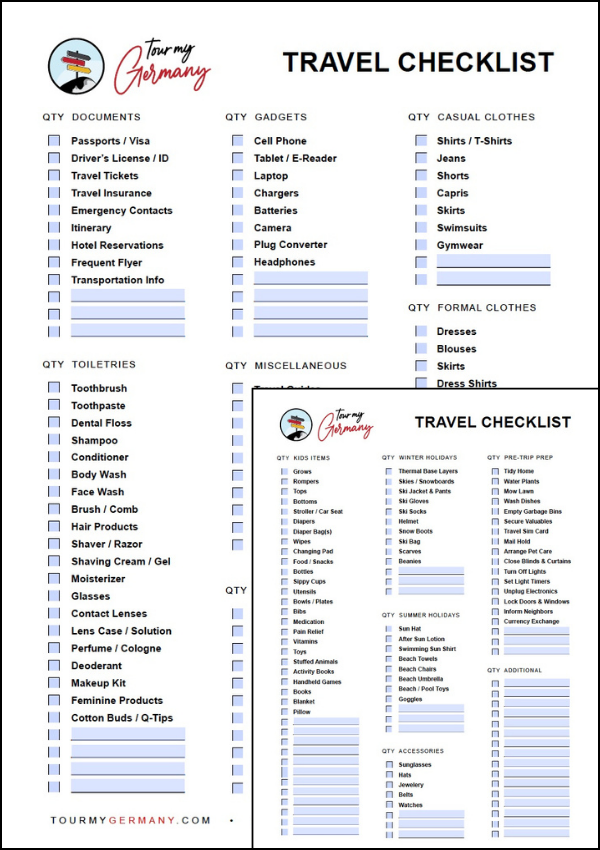 Preview of a two-page travel checklist pdf with Tour My Germany logo