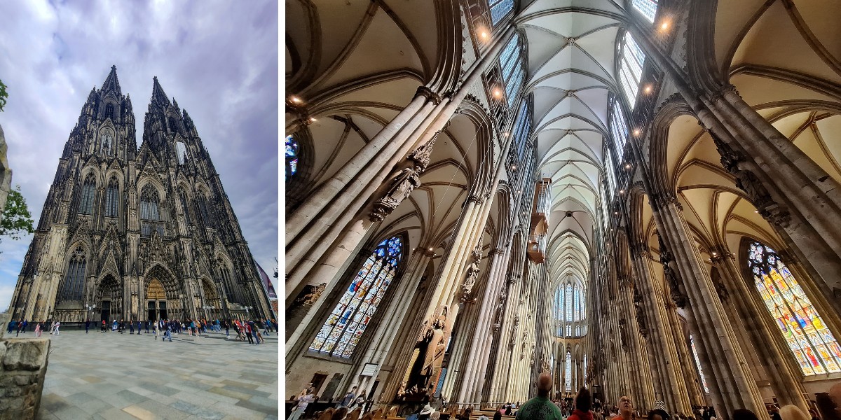 Outdoor view of stone built Cologne Cathedral and inside view of cathedral with pillars and ceiling in the main nave.