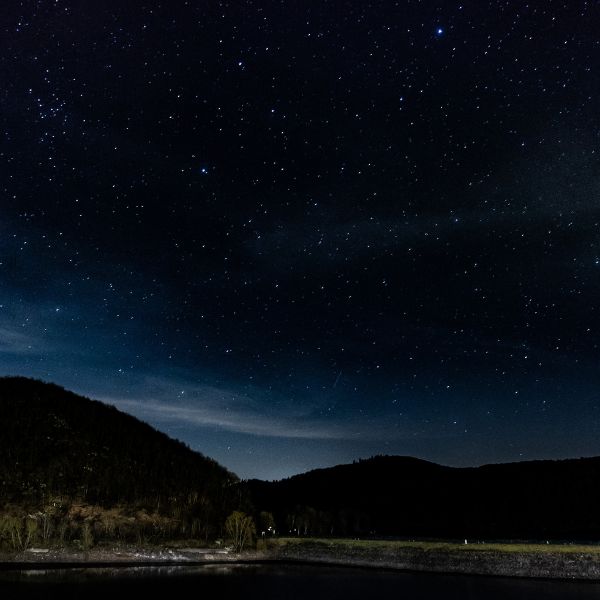 Starry night with shadowy mountains and trees (Eifel Nature Park)