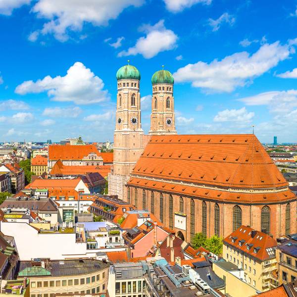 Frauenkirche Cathedral (Cathedral of Our Dear Lady) towering over the city of Munich, Germany