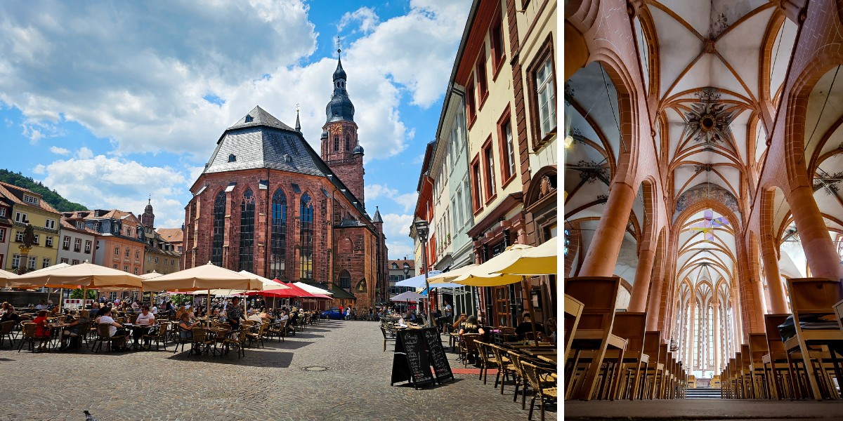 View of Heiliggeistkirche in market square and inside with orange pillars and arched ceiling