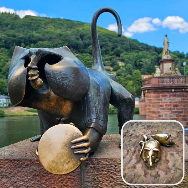 Brass monkey on the Alte Brücke in Heidelberg and a pair small brass mice.