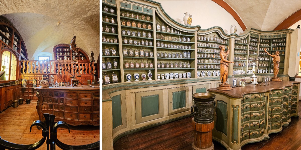 Collage of photos with vials and potions inside the Apotheken in Heidelberg Castle