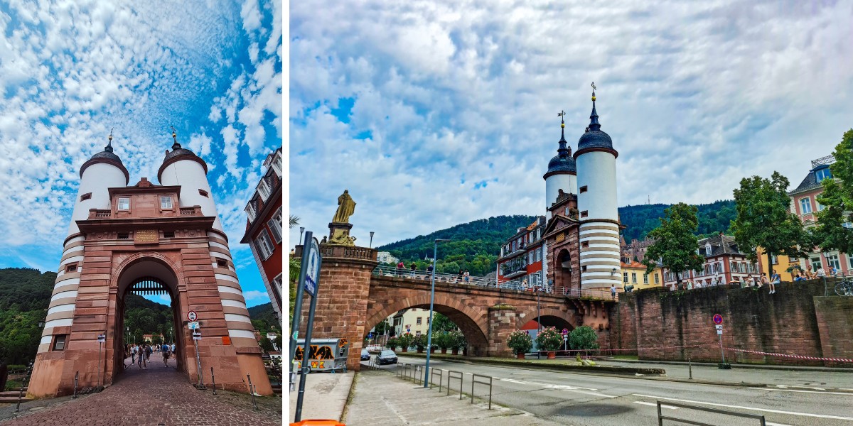 Photos of white and sandstone Guilt Tower gate on the Alte Brücke in Heidelberg
