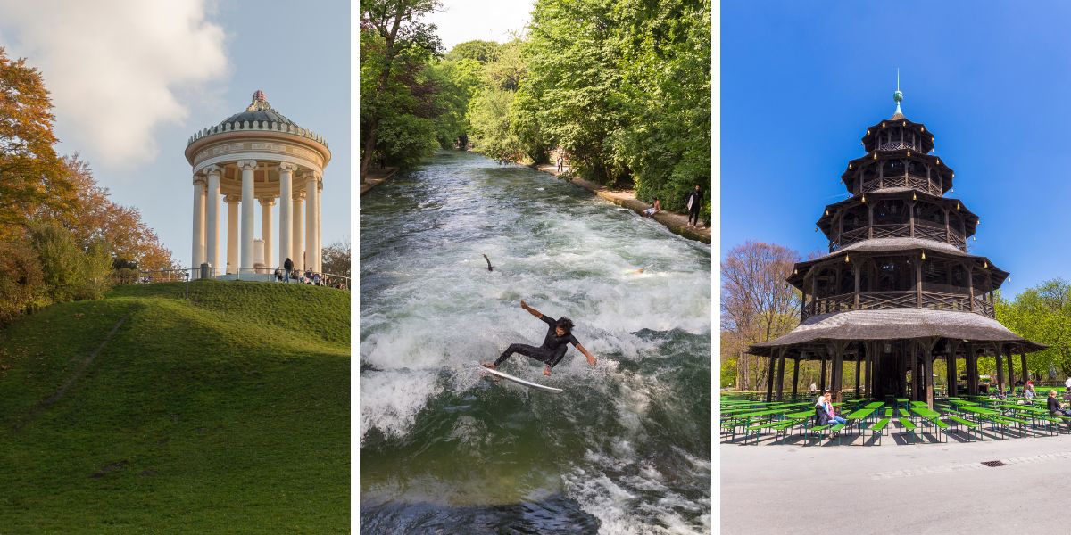 Photo collage of the Monopteros multi-pillar structure, the Eisbach River wave with surfer, and five-storey Chinese Tower