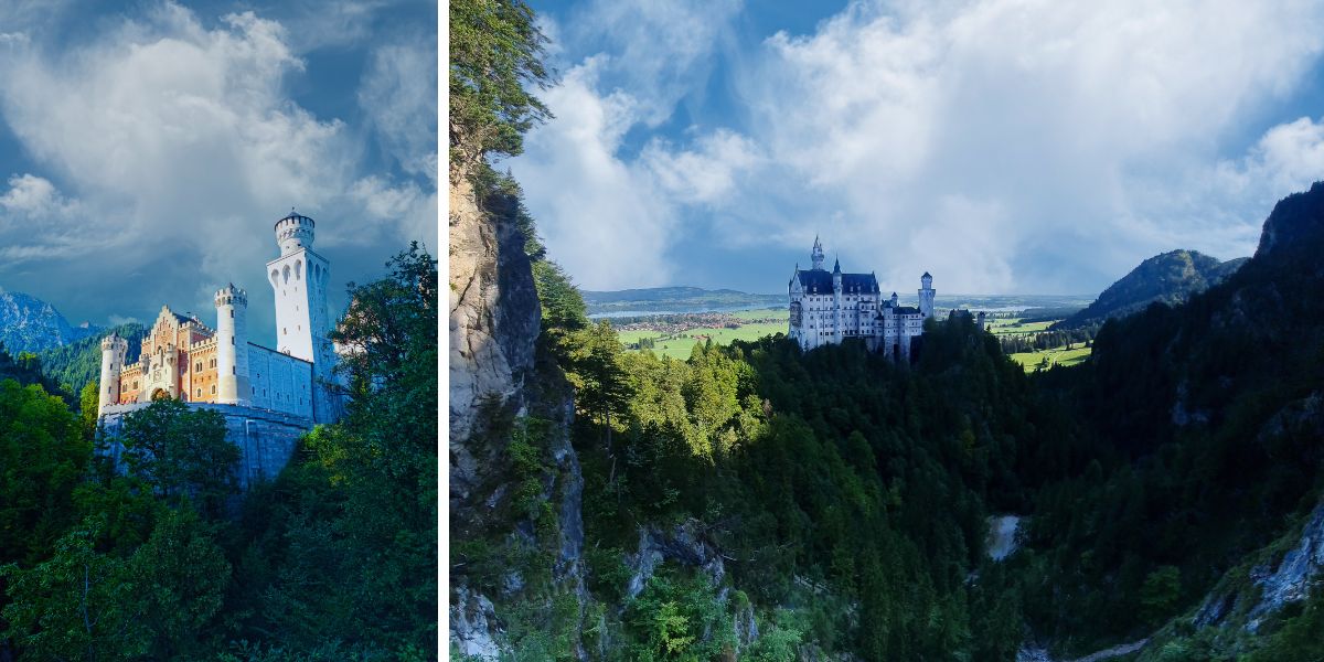Photo collage of Neuschwanstein Castle against a cloudy, yet sunny day