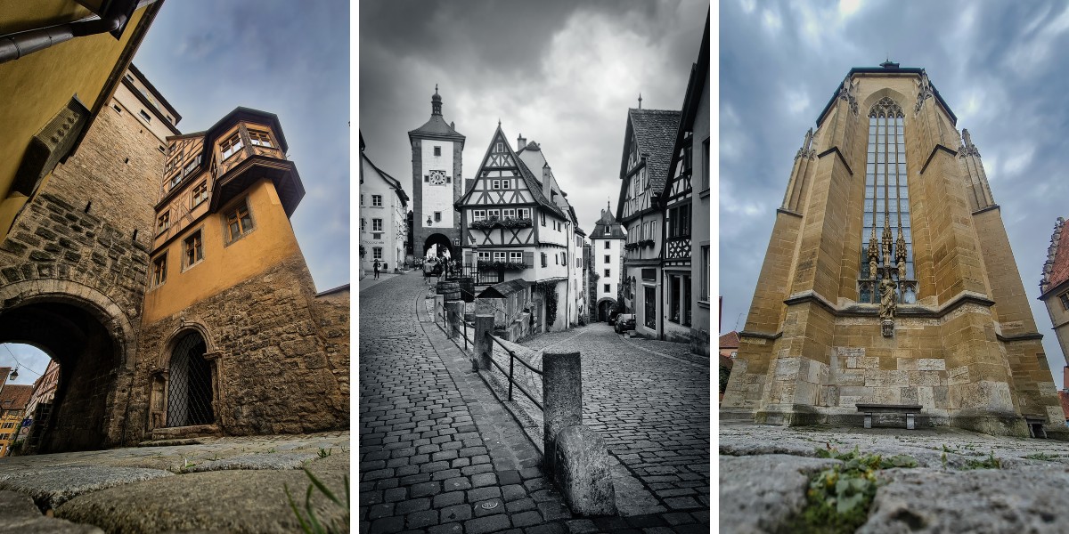 Collage of photos of Rothenburg, Germany. Old stone building and archway. View of the Plönlein in black and white. And view of high windows of St. Jakob's church.