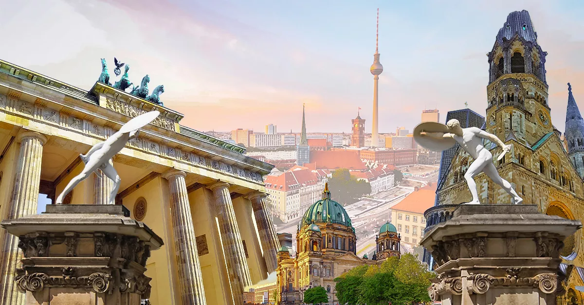 Berlin collage Collage of Berlin landmarks, including Brandenburg Gate, Berlin Cathedral, and Berlin TV Tower, with superimposed classical statues on pedestals in the foreground.