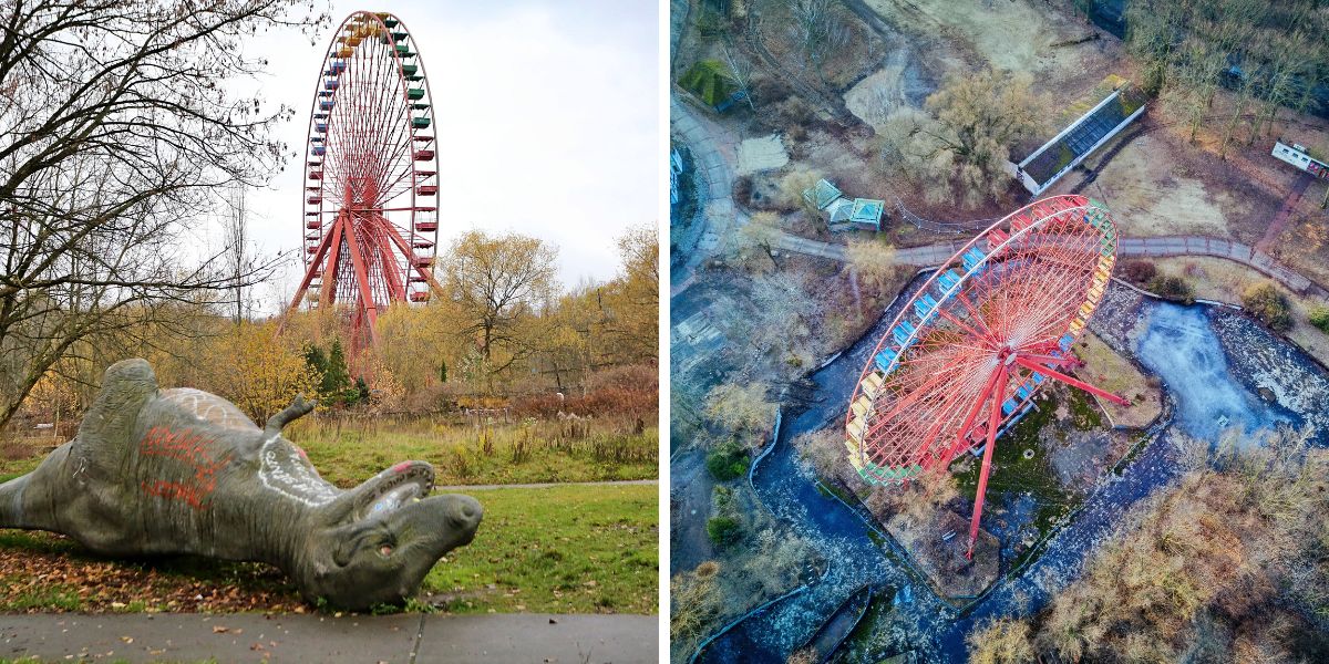 Abandoned theme park ferris wheel and dinosaur