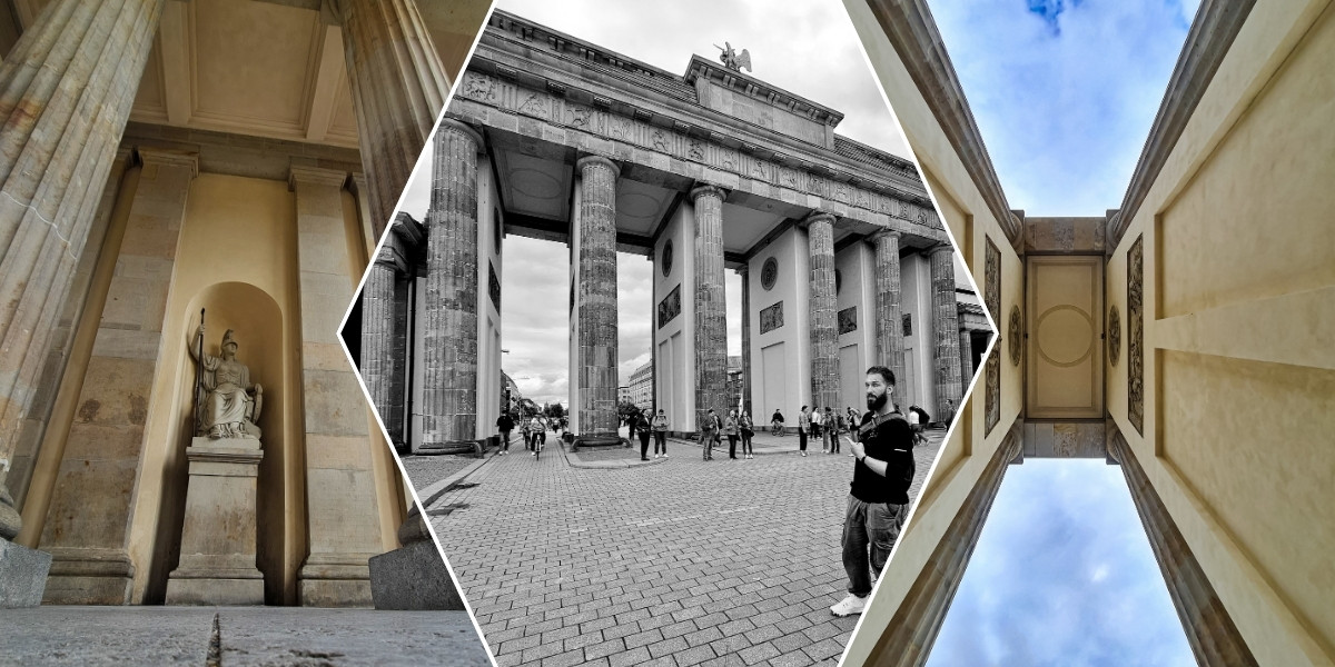 Image trio of the Brandenburg Gate in Berlin. Stone pillar German landmark with photo of statue and skyward view.