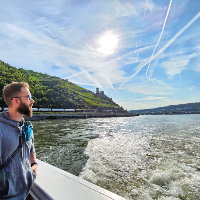 We traveled from Bacharach to St. Goar, enjoying the wind and sun on our Rhine River cruise, seeing many castles.