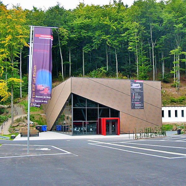 Building and parking lot in front of forest