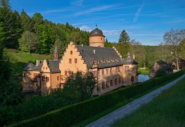 Mespelbrunn Castle grounds with walking paths surrounding