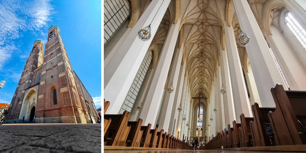 photo collage of munich frauenkirche with red brick exterior against a blue sky and white pillar interior with brown church pews