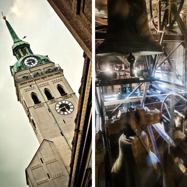 photo collage of St. Peter's Church in Munich with light grey building and green roofed clocktower and bell tower mechanisms