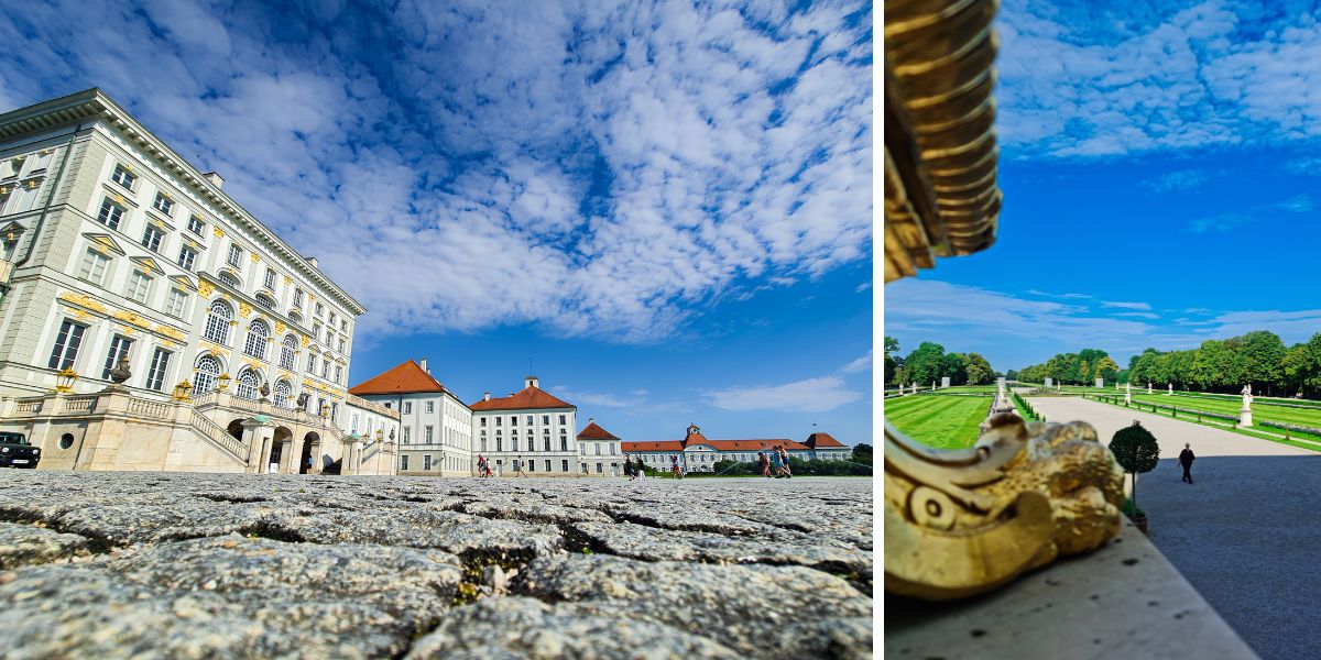 photo collage of nymphenburg palace in munich with light grey building and green garden against blue sky