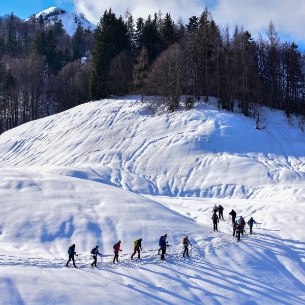Cross country skiers traveling through the snow-covered hills in Reit im Winkl, Germany.