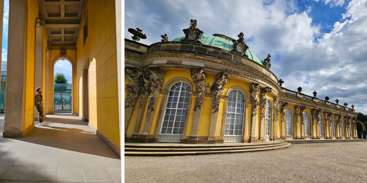Sanssouci Palace, Germany: yellow building and grey stone path