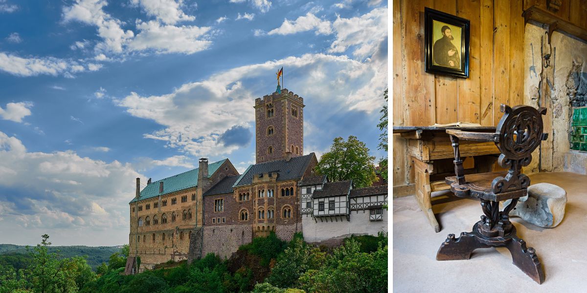 grey castle on hill and room with a wooden table and chair in Wartburg Castle, Germany