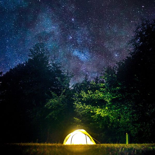 Glowing tent in the woods with a starry sky
