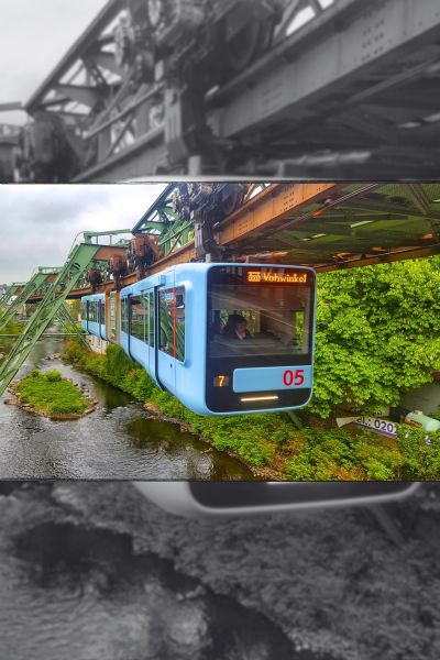 Blue train on suspension railway in Wuppertal, Germany