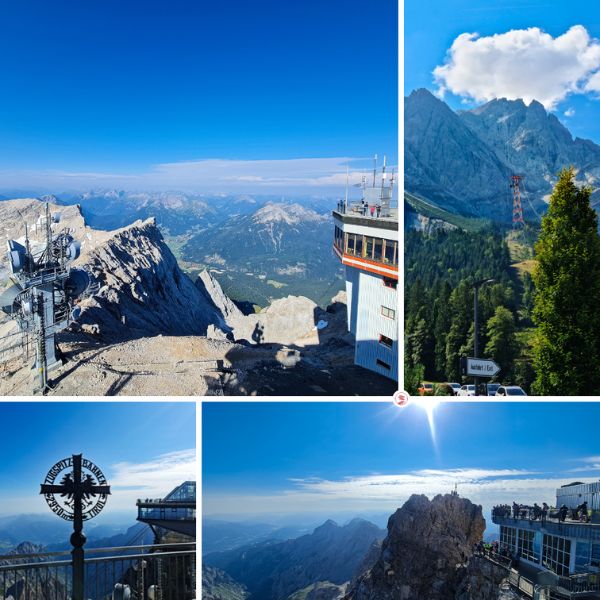 Collage of photos showing views from the top of Zugspitze mountain in Germany 