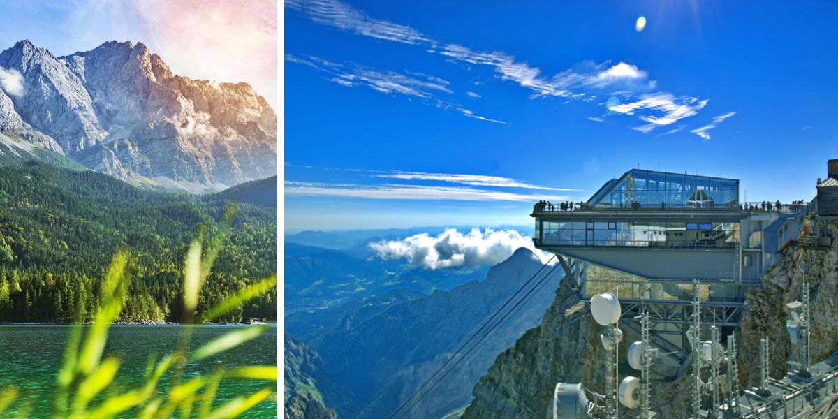 Zugspitze and Panorama 2962 Restaurant Trees below and mountain with building on the summit